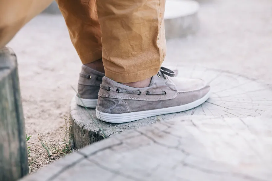 Close-up of grey Natural World boat shoes